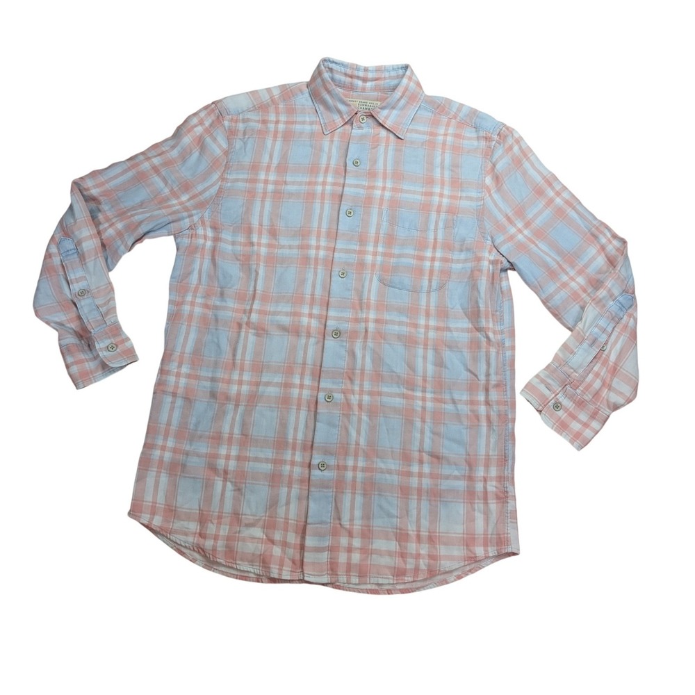 Faherty Sunwashed Chambray Shirt Mens S Peach Blue Plaid Cotton Button Down
